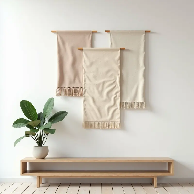 Layered neutral tapestries creating a warm minimalist aesthetic.