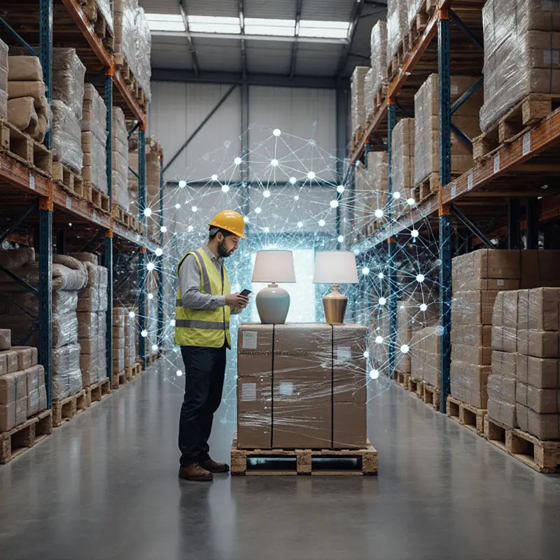 Logistics specialist reviewing home decor pallets under AI‑driven risk assessment.