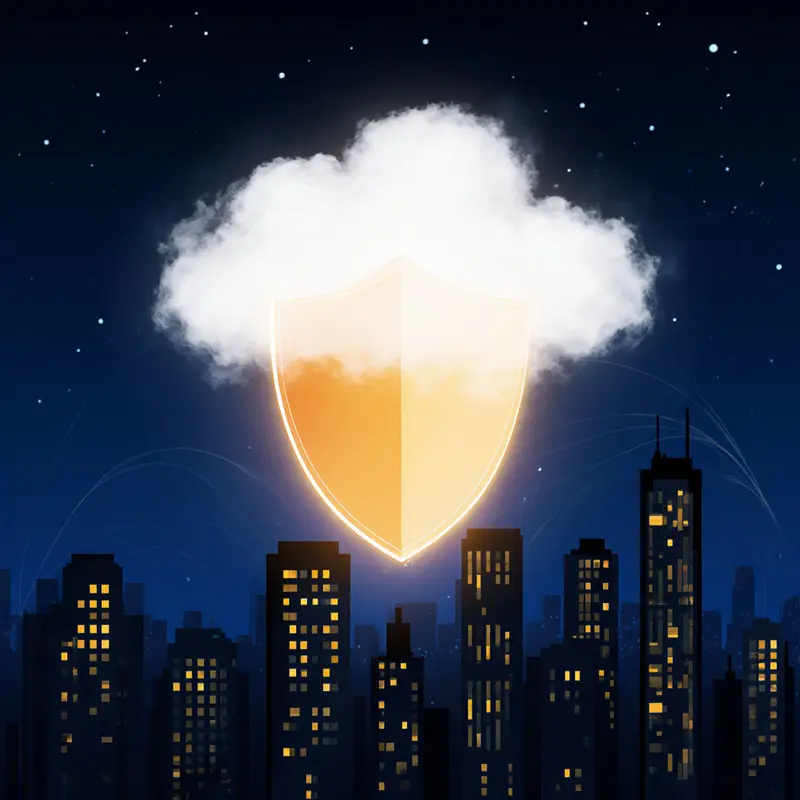 A shield over a night skyline represents attack‑proof, speedy recovery.