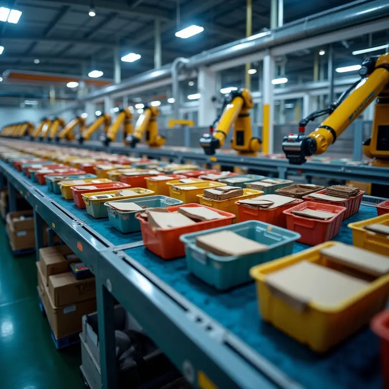 AI‑driven robots sorting parcels at high speed.