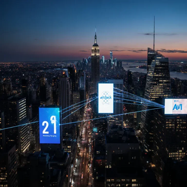 AI-enabled Out-of-Home advertising displays lighting a city skyline, illustrating the transformation of advertising through artificial intelligence.