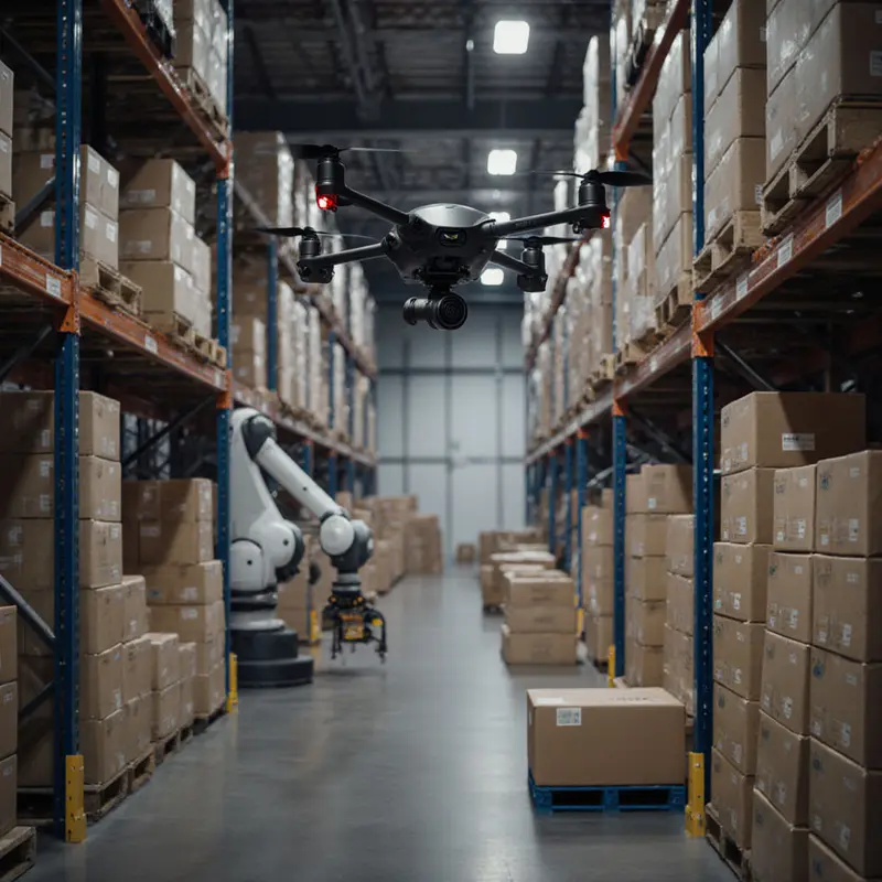 Robots and autonomous drones working together to prevent bottlenecks during peak sales.