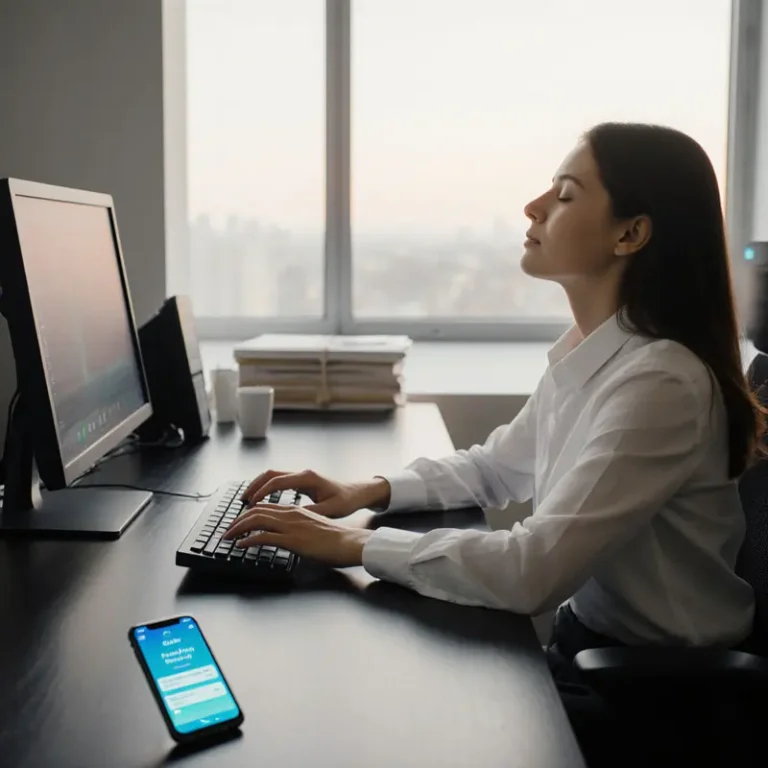 A professional seated at a modern desk, eyes closed, using the Calm Lifestyle hub app to cultivate mindfulness during the workday.