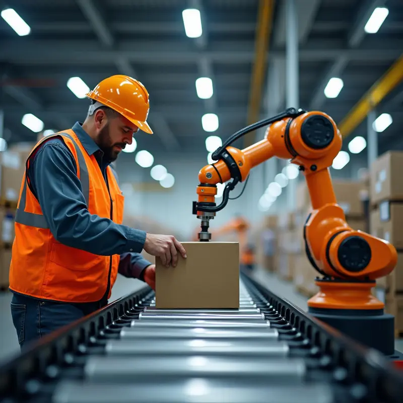 Human and cobot working together to speed up order packing.