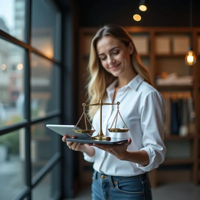 Consultant with storefront model and tablet, representing compliance and scaling of AI DeFi payments for Shopify.
