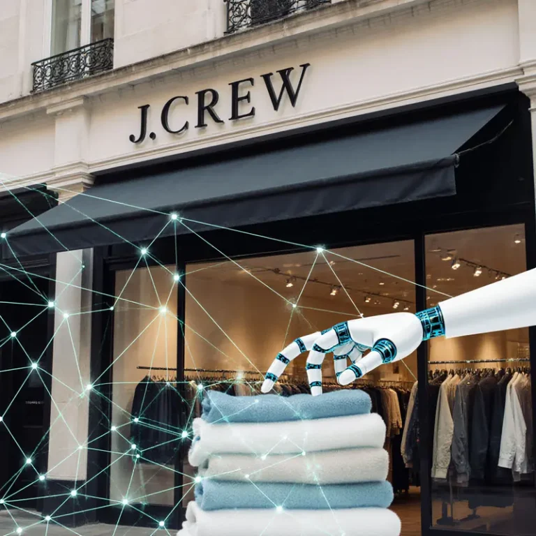 J.Crew storefront paired with visual cues of AI returns management for e‑commerce illustrates the transformative impact on profitability.