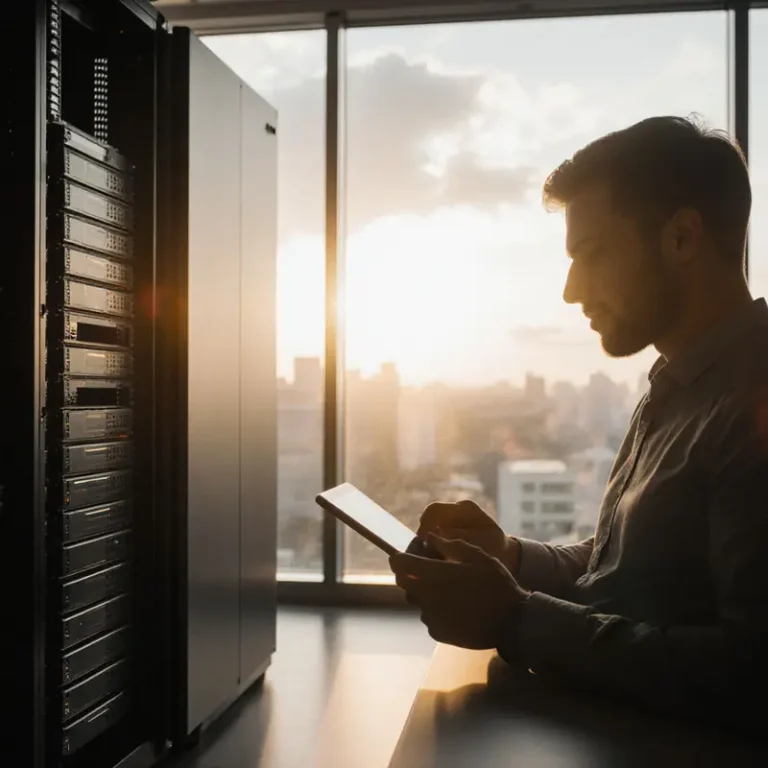 Sunlit office with server rack and hovering cloud, reflecting CrashPlan and Wasabi integrated backup solution.
