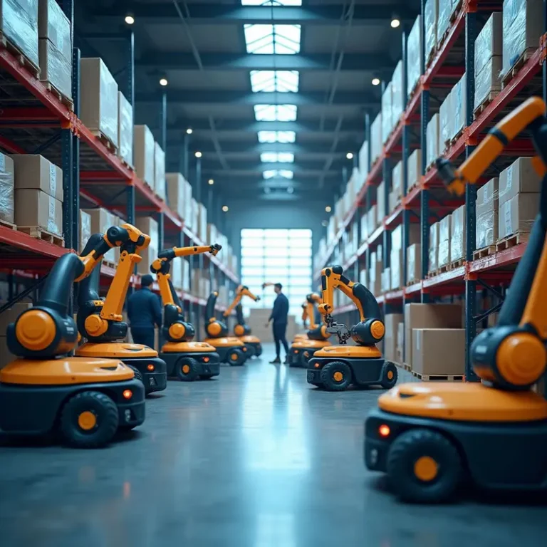 Scene of a modern warehouse where faster e‑commerce fulfillment with robotics is achieved through coordinated robots and workers.