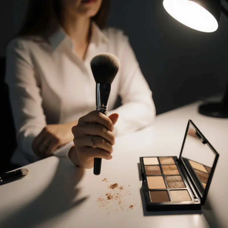A makeup brush with residue and faded palette hint at hygiene issues.