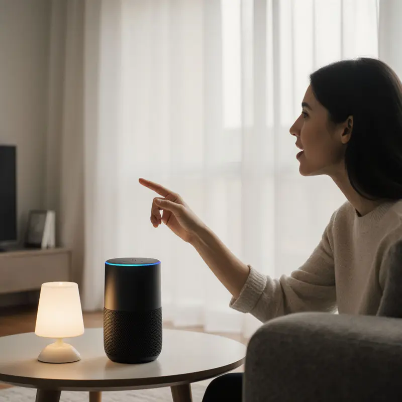 A homeowner using precise voice commands to activate a smart lamp via Gemini AI.