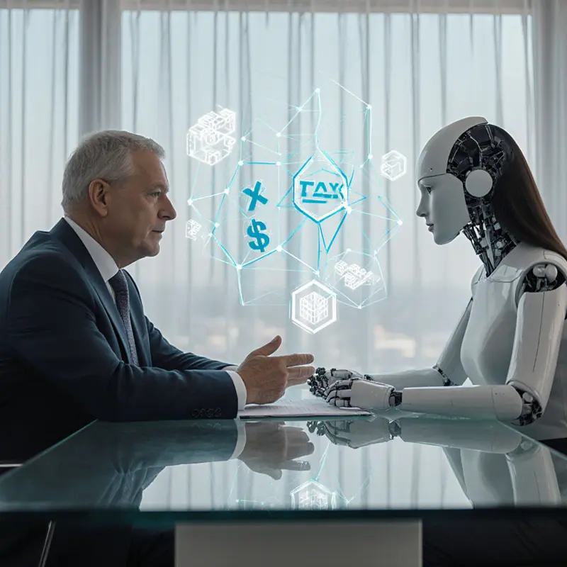 Tax consultant collaborates with AI assistant to streamline tax strategy.
