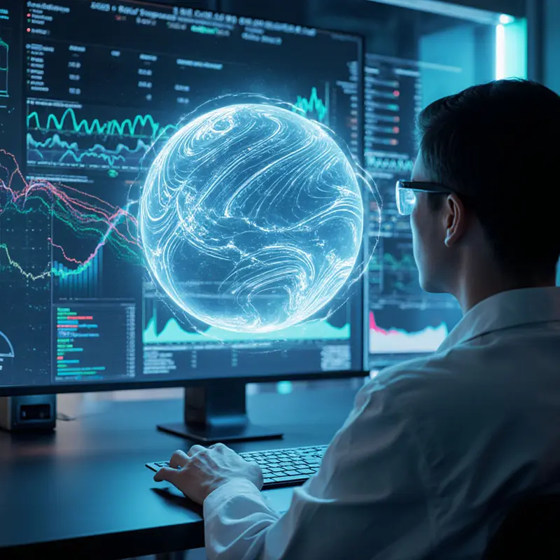 Holographic sphere displays highly accurate cash‑flow forecasts.