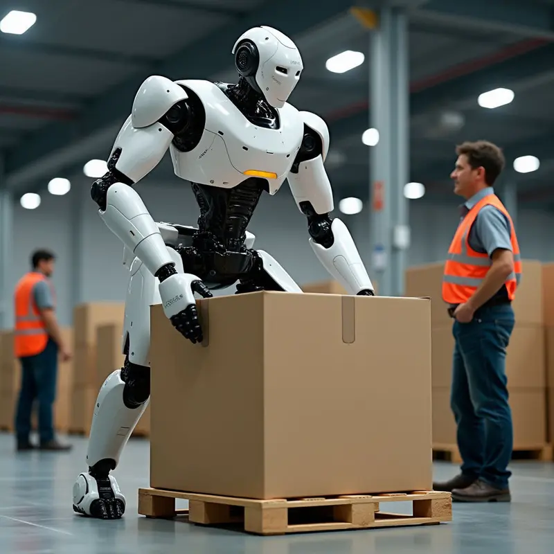 Humanoid robot handling heavy loads in a fulfillment center.
