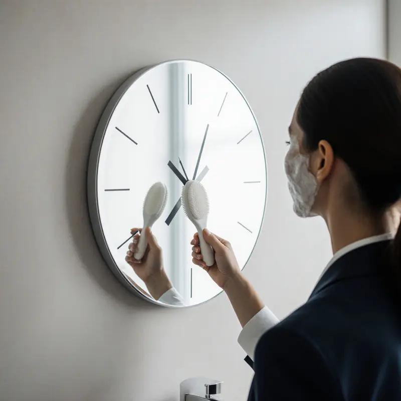 A professional assesses an aggressive exfoliation step as time ticks away.