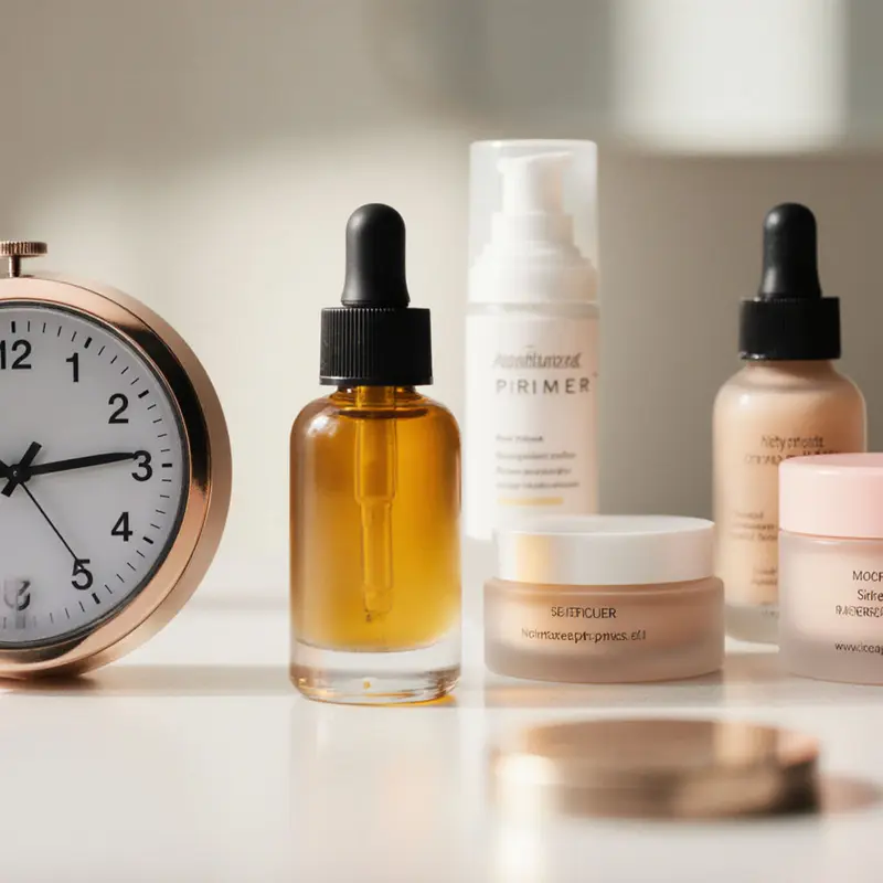 Layered skincare products beside a timer illustrate unnecessary reapplication.