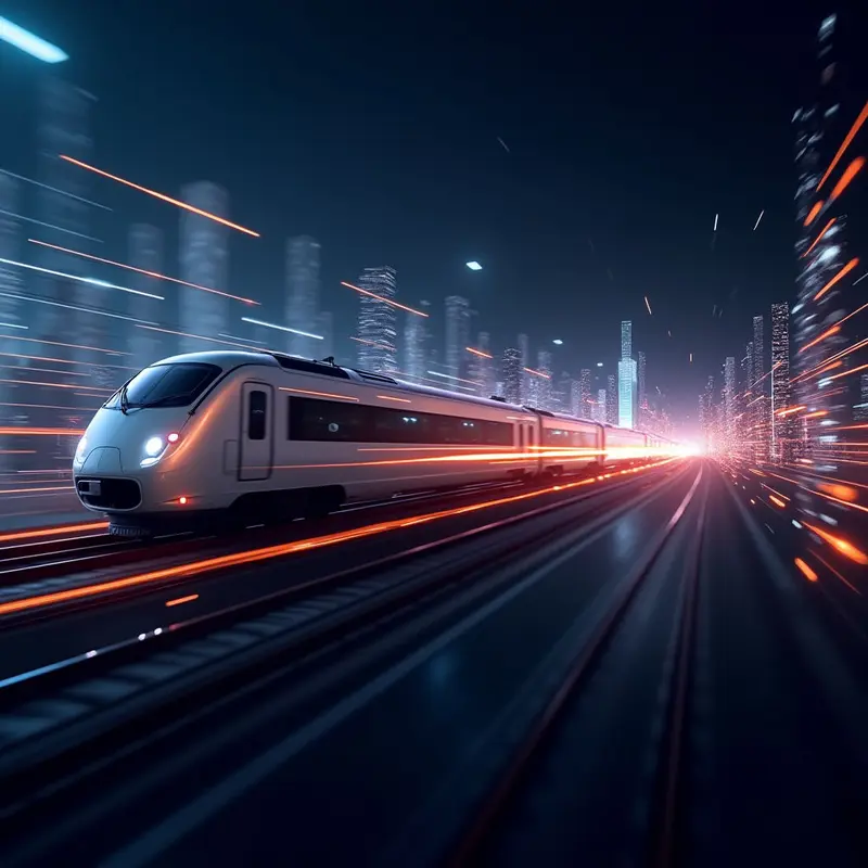 Dynamic scene of fast train through data streams, symbolizing AI‑driven speed and cost reduction for Shopify transactions.