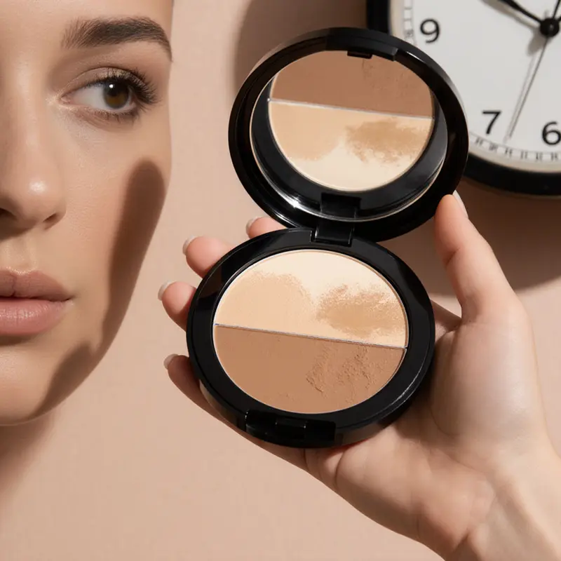 Smudged compact and clock illustrate repeated touch‑ups.