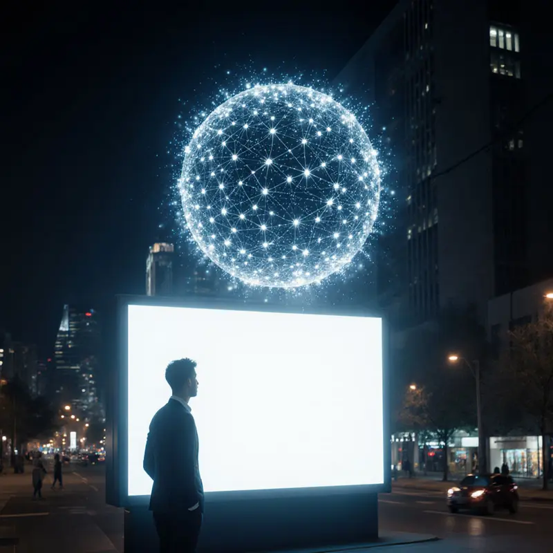 Transparent AI analytics visualized above an Out-of-Home ad, highlighting trust.