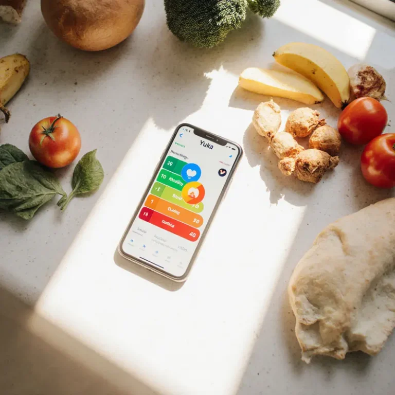 Cover photo of the Yuka app on a smartphone next to various products, symbolizing product scanning and health evaluation.