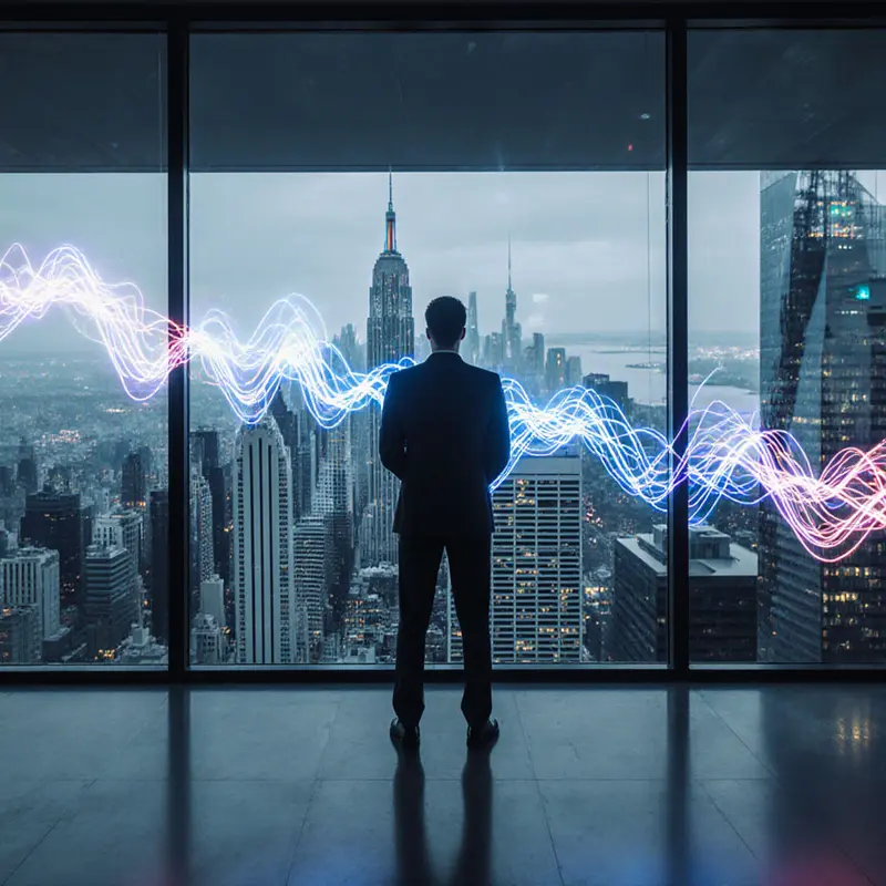 An analyst visualizes instant cash‑flow insights as flowing light ribbons.