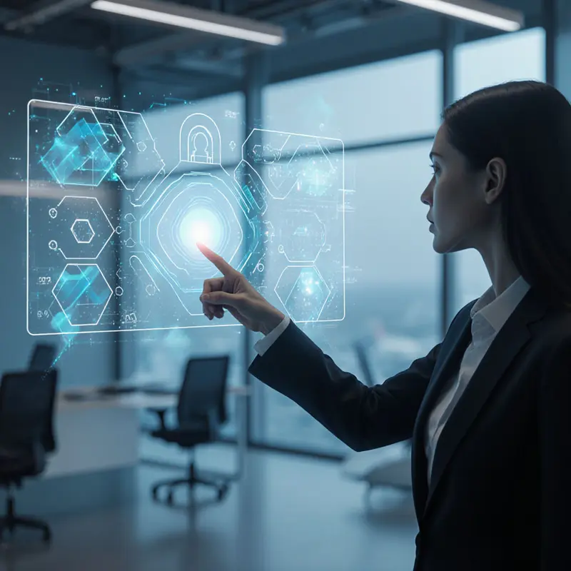 Professional interacting with floating AI-driven data visualization, symbolizing fintech evolution.