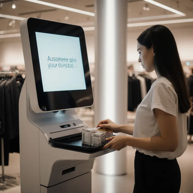 Autonomous checkout kiosk completing a purchase without staff.