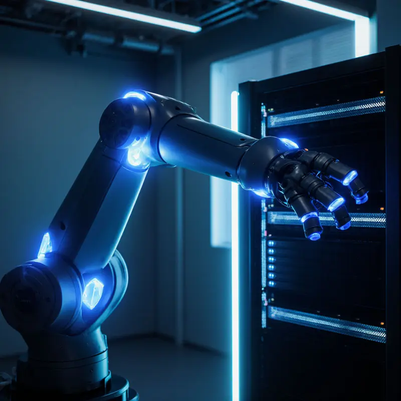 Robotic arm collaborating with servers, symbolizing agentic AI systems driving leadership in 2026.