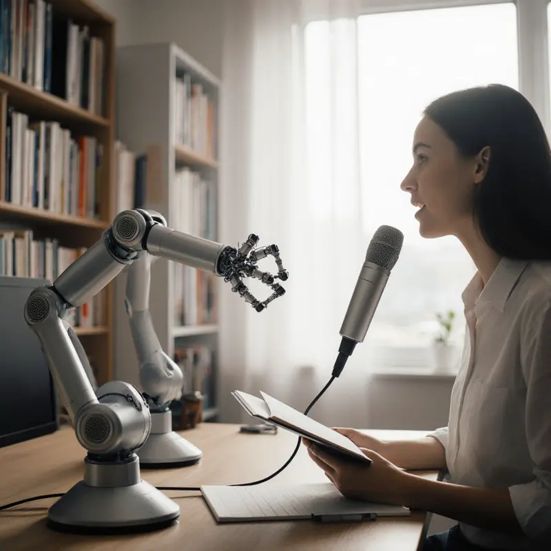 Creator recording a course with an AI robot assistant, illustrating a digital product workflow.