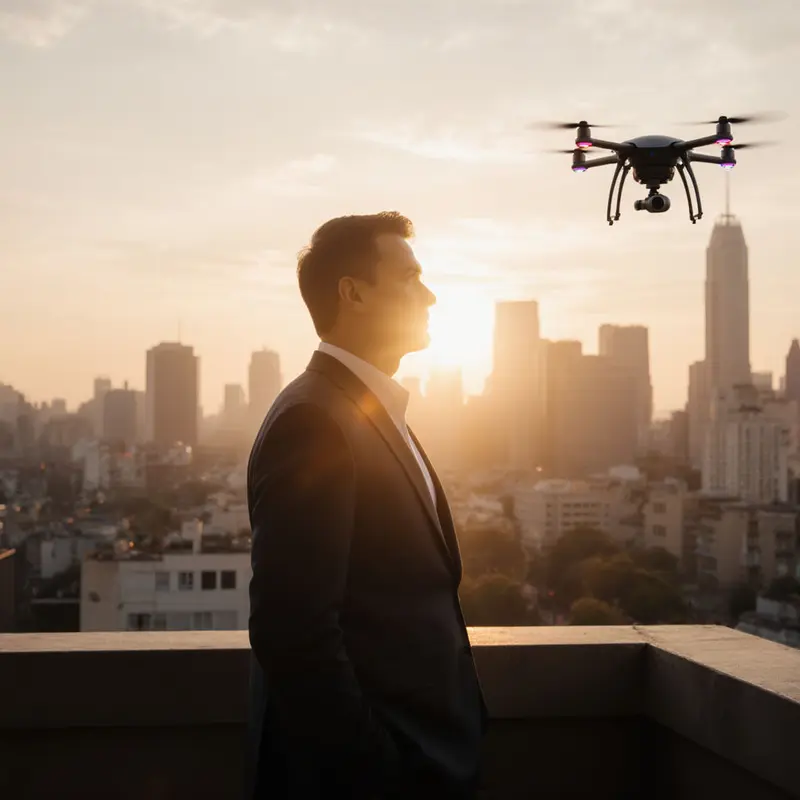 Investor with a hovering AI drone watches the sunrise over the city, symbolizing confident investing.