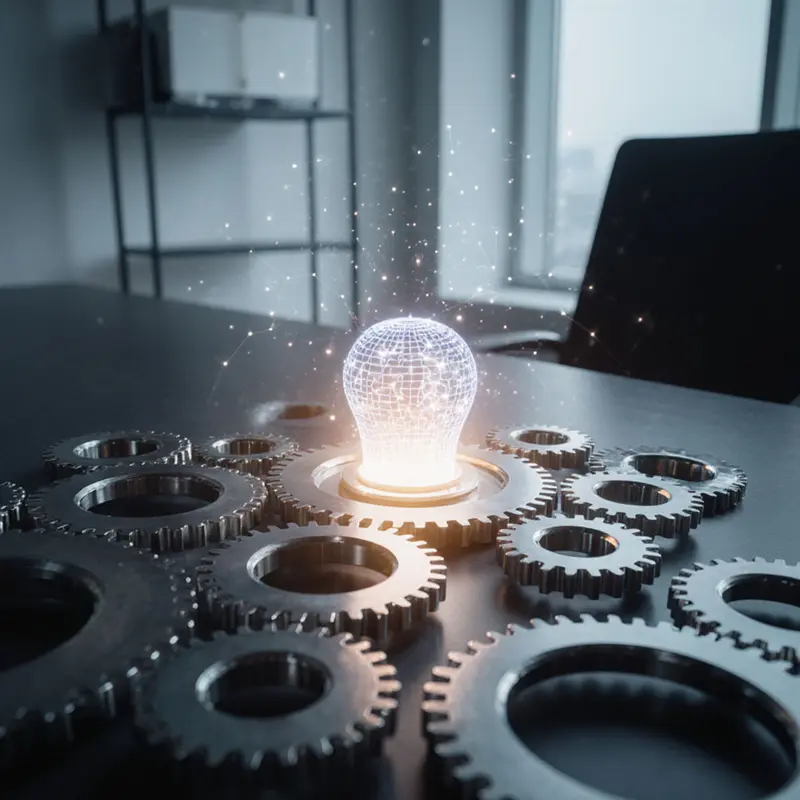 Interlocking gears with an AI core illustrate seamless marketing automation.