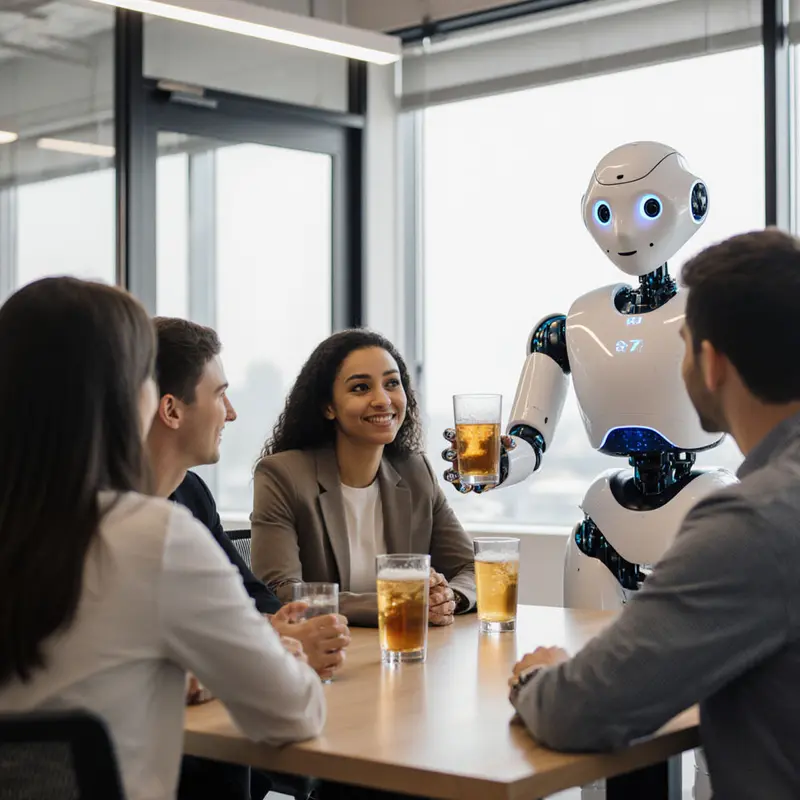 Members interacting in a shared space with an AI robot facilitating conversation.