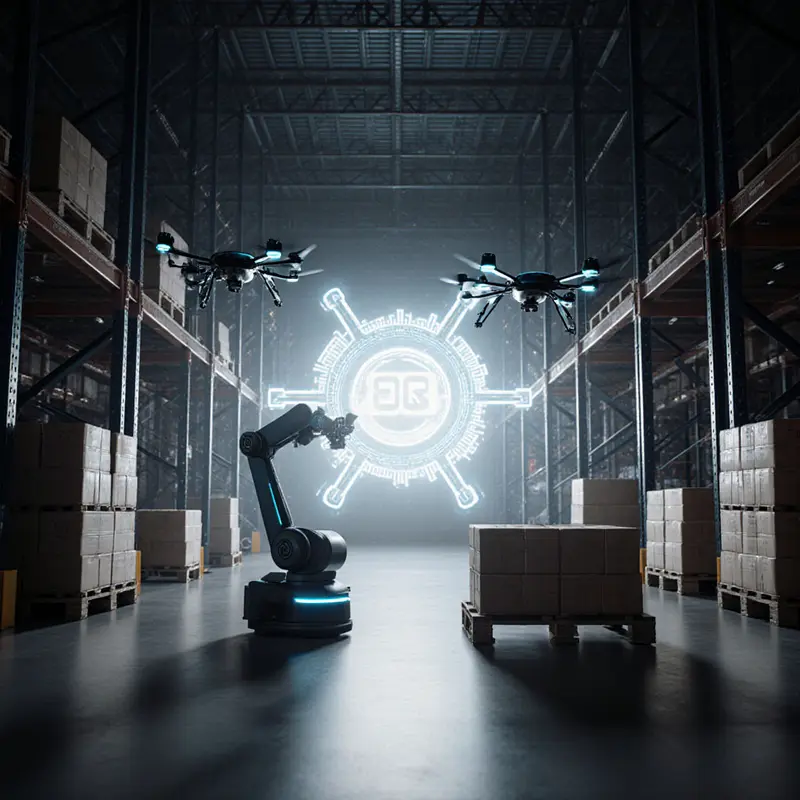 Robotic drones and AI systems streamline warehouse operations.