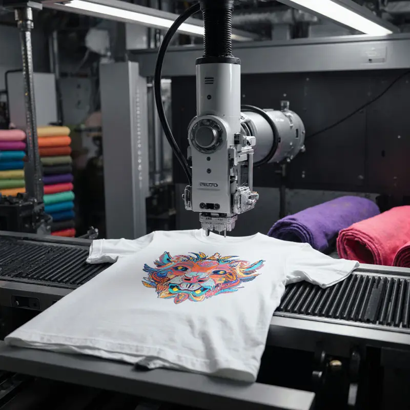 Robotic arm producing personalized apparel on a print‑on‑demand line.