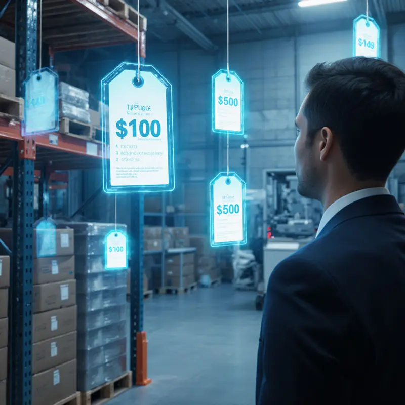 Holographic price tags in a warehouse represent AI‑driven pricing.