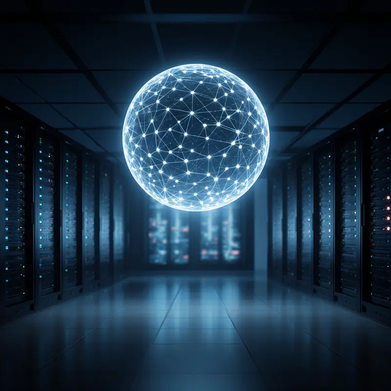 AI hologram overseeing server racks, representing autonomous defense for 2026.