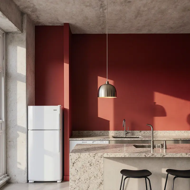 Crimson kitchen accent wall paired with stone countertops balances bold and neutral.