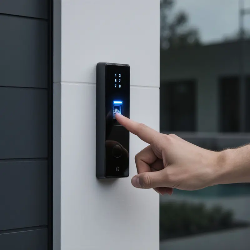 Secure biometric access highlighting blockchain authenticity for a luxury eco home.