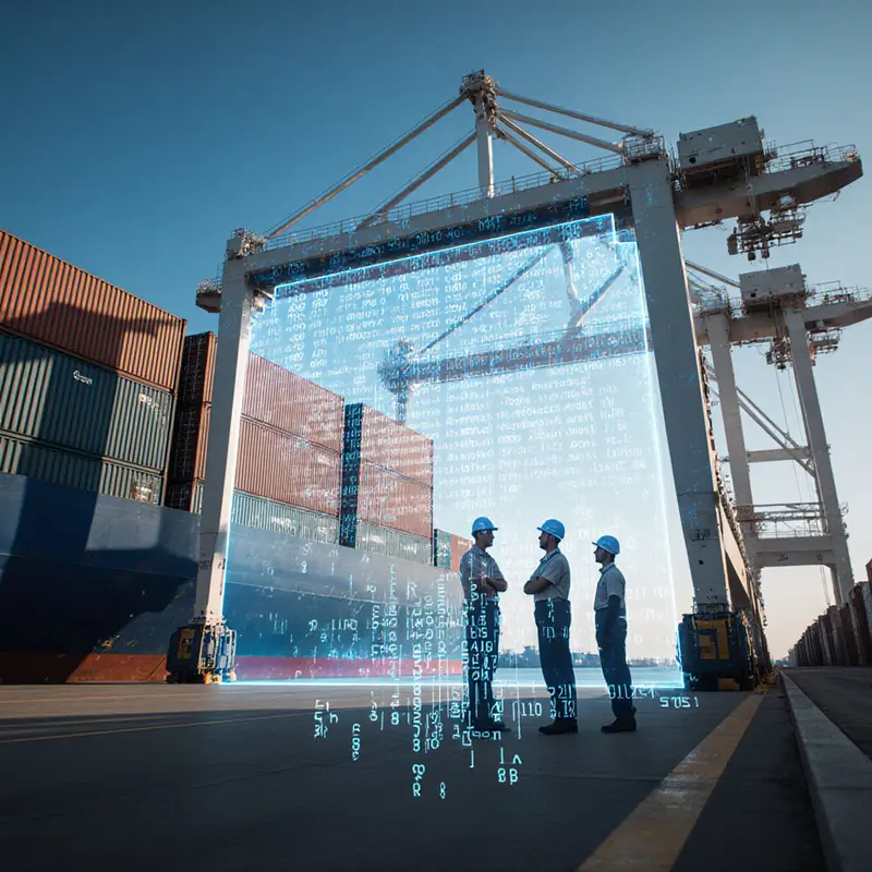 Blockchain ledger visualized over a shipping container, ensuring trust.
