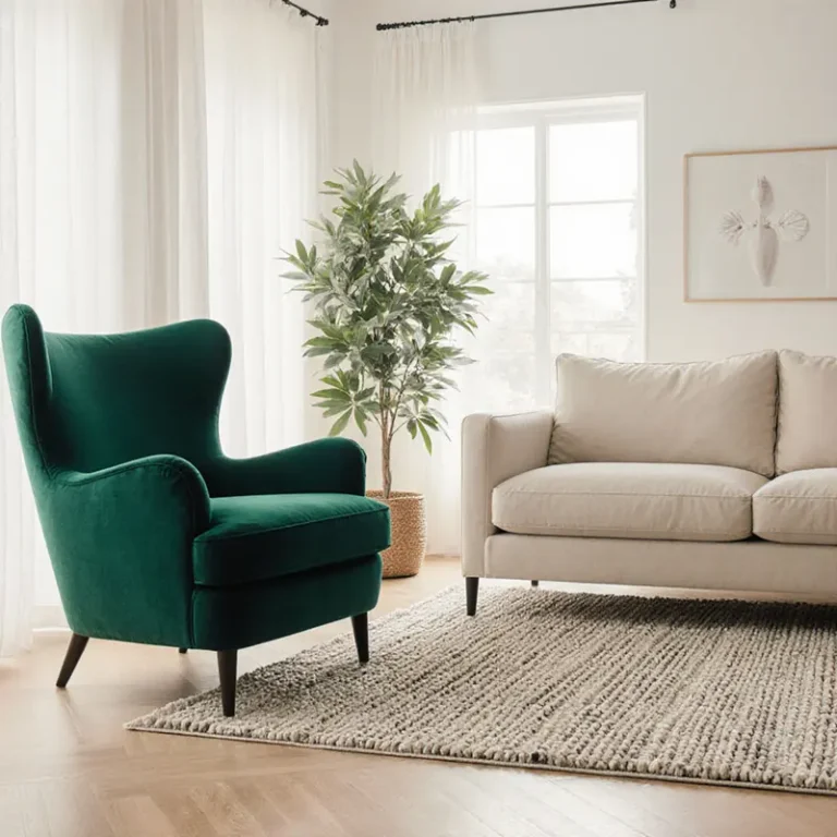 Open living room with bold emerald armchair, neutral cream sofa, and layered textures, representing bold vs neutral decor for 2025.