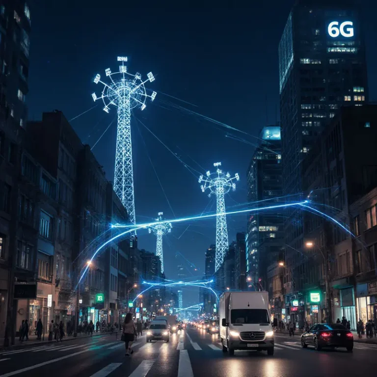 Nighttime cityscape illuminated by 6G signal towers, with AI‑driven data streams linking bustling e‑commerce activity across streets.