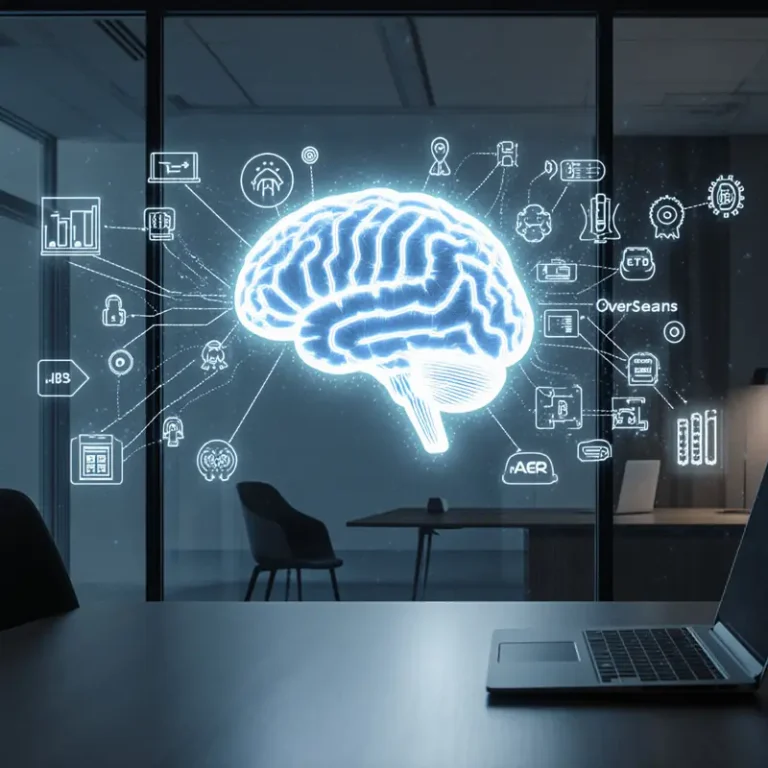 Modern office scene with 3D data streams converging into a glowing AI brain, representing ChatGPT e-commerce personalization.
