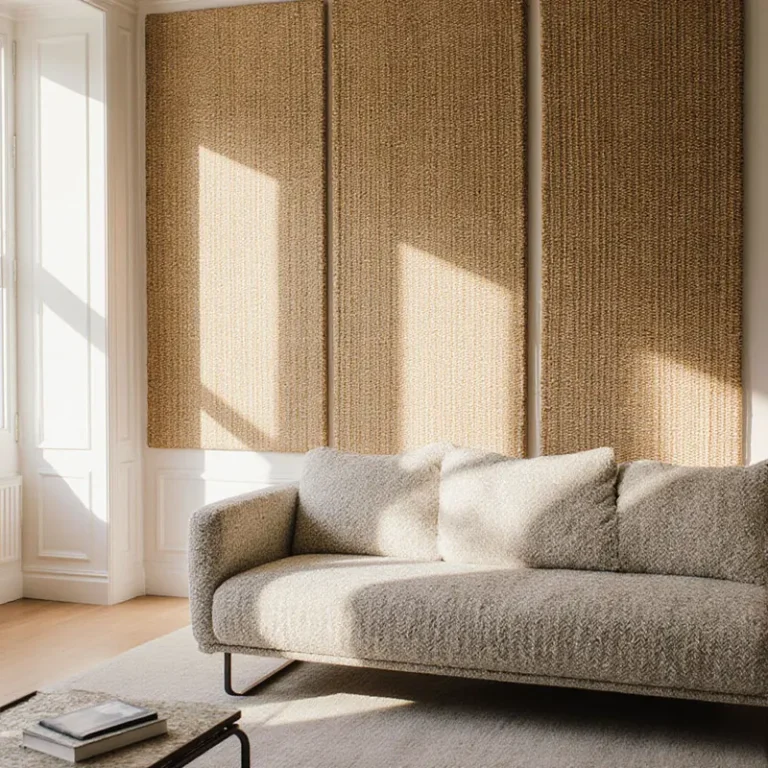 Elegant living space featuring a seamless blend of combining boucle and grasscloth textures across walls and furnishings, creating a sophisticated home atmosphere.