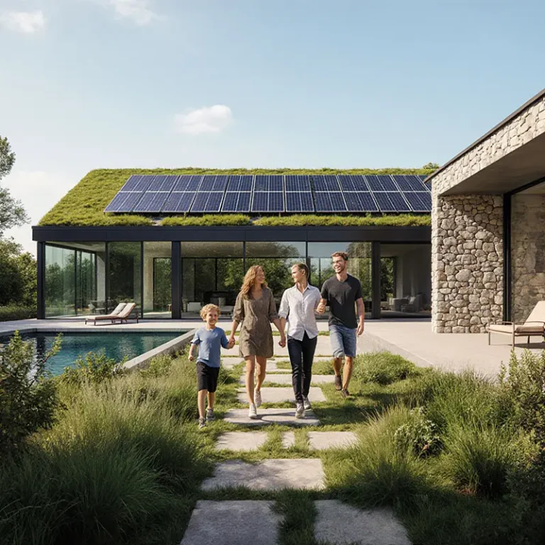 Eco-friendly homes vs traditional luxury homes presented in a harmonious sustainable estate.