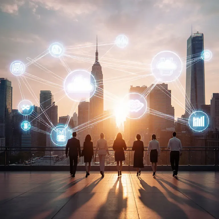 Sunrise cityscape with professionals and glowing network overlay visualizing essential business trends for 2026.
