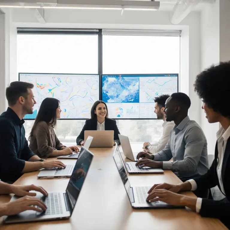 Team collaborates in a bright office, embodying financial planning automation with Datarails.