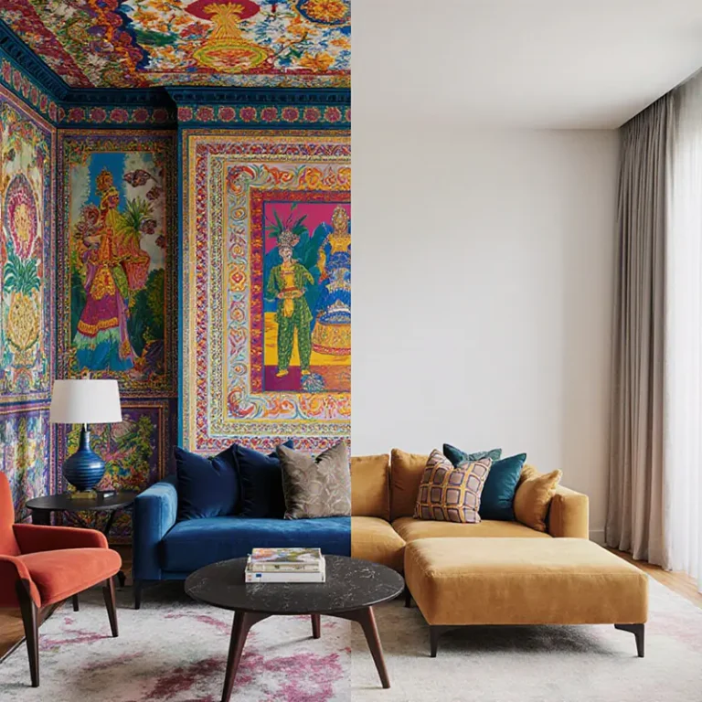 A living room blends maximalism and minimalism home decor, juxtaposing bold layered colors with clean, serene design.