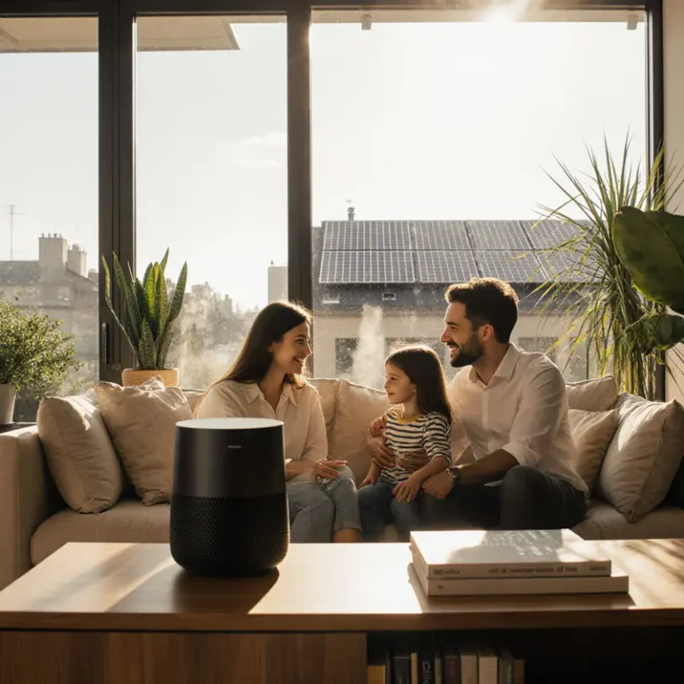 Tech‑focused sustainable lifestyle family scene with smart home and solar energy.