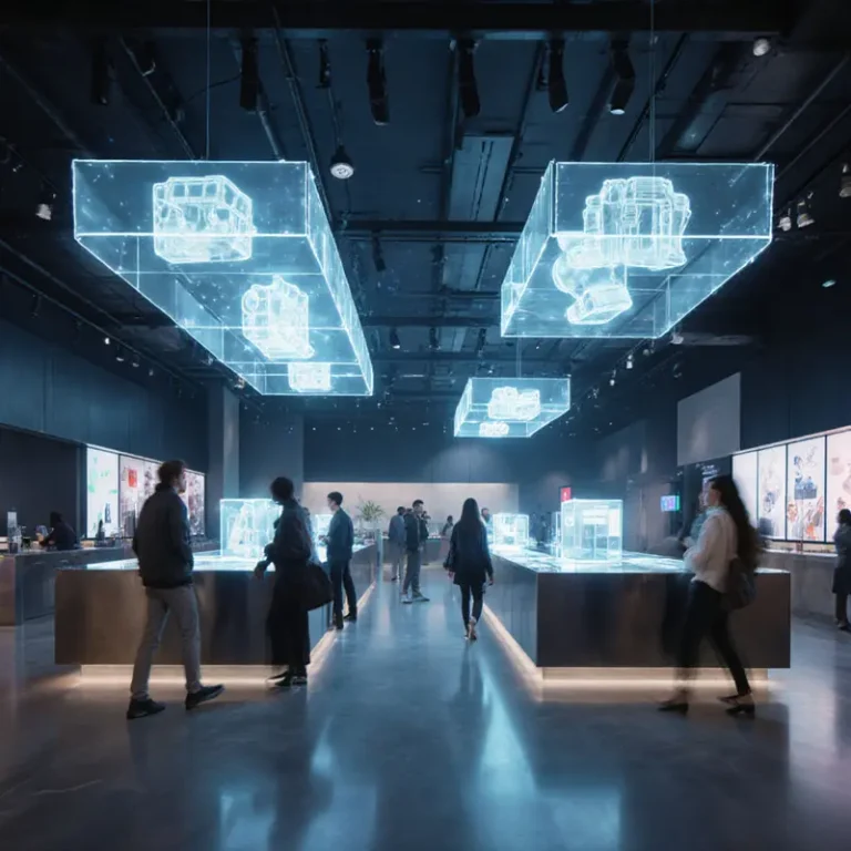 A vibrant futuristic store with holographic displays and seamless checkout, representing tech trends for e‑commerce in 2025.