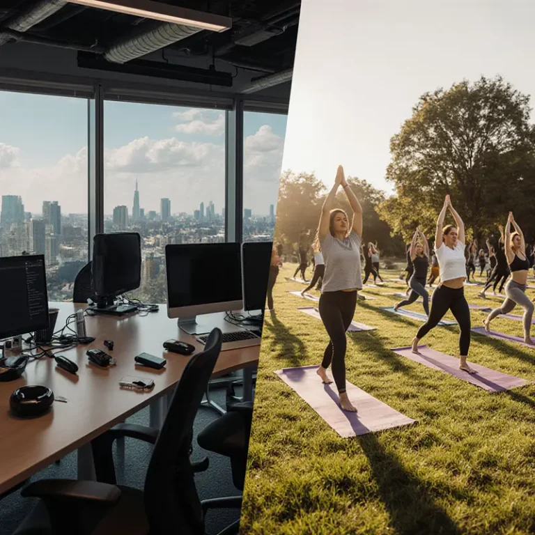 A balanced scene showing Tech-Enabled Wellness in a modern office and Employee Health activities in a natural setting.