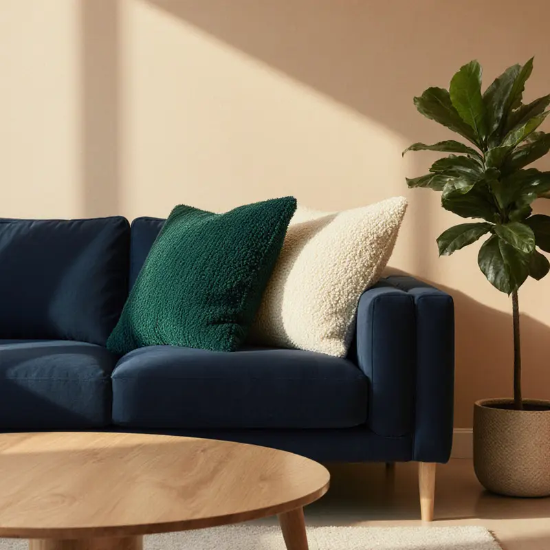 Navy sofa paired with beige walls and emerald pillows illustrates the 2025 bold‑neutral harmony.